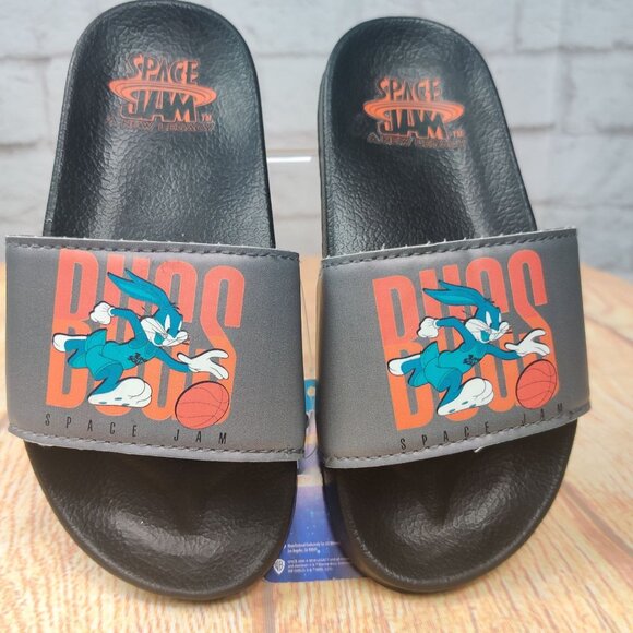 Space Jam Kids 11 Bugs Bunny Slides Black Gray A New Legacy Cartoon Pool Sandals - Picture 1 of 7